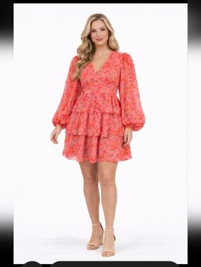 BHLDN BALLOON SLEEVE Floral Print Mini Dress Ruffle Tiered  Dress